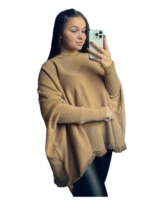 Poncho camel franges courtes